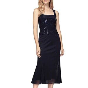 NWT Alex Evenings Size 8P Square Neck Sequin Waves Midi Dress Navy *Dress Only*